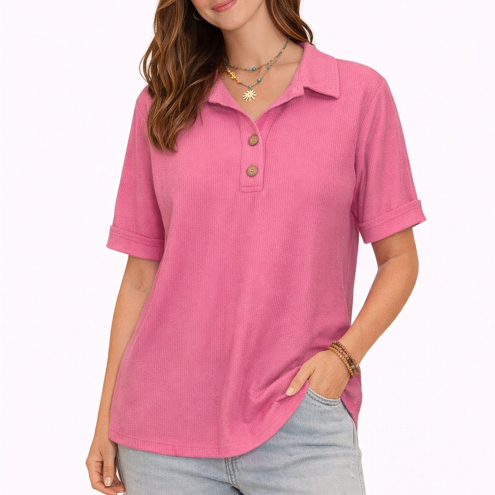 Jodifl Size Large Oversized Boutique Style Pink Women's Ribbed‎ Polo Top